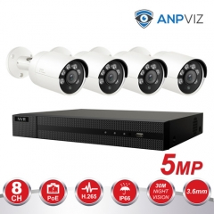 Anpviz (Hikvision Compatible) 5MP 8CH IP PoE Camera System, 8CH 4K Ultra HD NVR PoE, 5MP H.265 Bullet POE IP Camera With Night Vision 98ft, Audio, 3.6mm Fixed Lens, Weatherproof IP66, Playback, Motion Alert