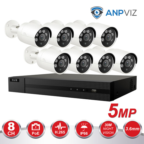 Anpviz (Hikvision Compatible) 5MP 2592x1944P 8CH P2P IP PoE Camera System, 8CH 4K Ultra HD NVR PoE, 8 x 5MP H.265 IP66 Bullet POE IP Camera With 30m Night Vision, Audio, 3.6mm Fixed Lens, Remote Access, Playback, Motion Alert, Onvif