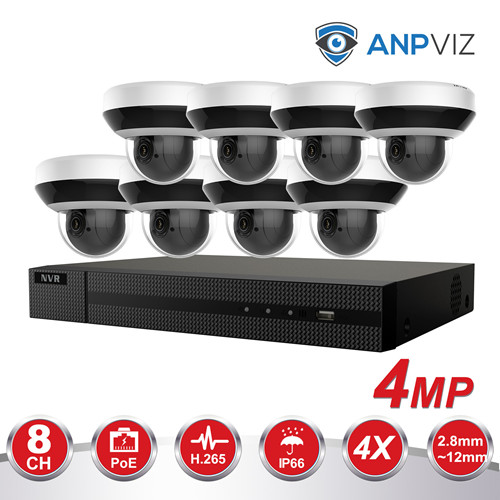 Anpviz (Hikvision Compatible) 4MP 8CH PoE IP Camera System, 8CH 4K Ultra HD PoE NVR , 4MP H.265 IP Dome PTZ Camera POE 4X Zoom Input/Output Weatherproof IP66 IP Security Camera With 20m IR Audio