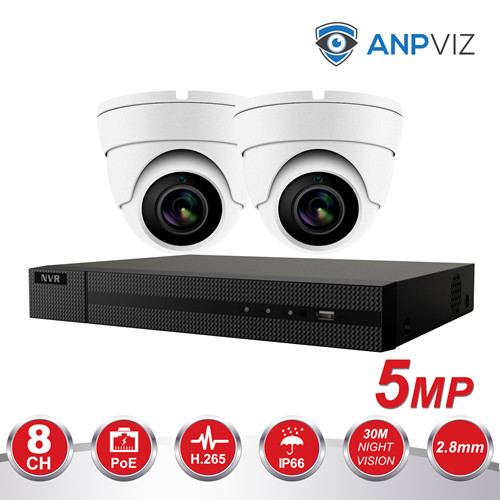 Anpviz (Hikvision Compatible) 5MP 8CH PoE IP Camera System, 8CH 4K Ultra HD PoE NVR, 2 x 5MP H.265 POE Dome Audio IP Camera With Night Vision 98ft, Motion Detection, Weatherproof IP66, Onvif，White
