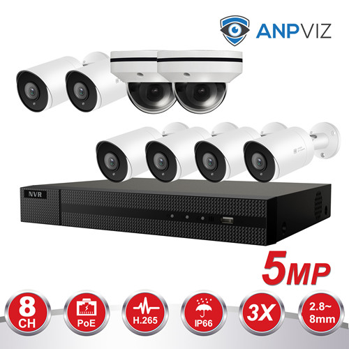 Anpviz (Hikvision Compatible) 5MP 8CH IP PoE Camera System, 8 Channel 4K Onvif NVR, 6 x 5MP IP PoE Bullet Cameras With Audio, SD Card Slot , 2.8mm Fixed Lens, 2 x 5MP Dome POE IP PTZ Cameras With 3X Optical Zoom 2.8~8mm Motorized Lens