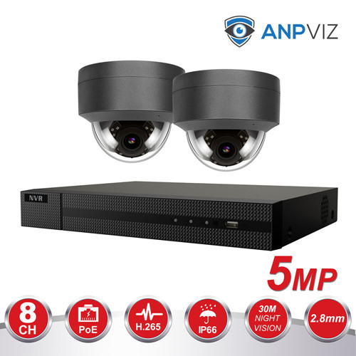 Anpviz (Hikvision Compatible) 5MP 8CH PoE IP Camera System, 8 Channel 4K HD POE NVR, 2 x 5MP H.265 IP POE Dome Security Camera Night Vision 98ft, Motion Alert, Audio, Weatherproof IP66, Gray