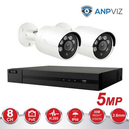Anpviz (Hikvision Compatible) 5MP 8CH IP PoE Camera System, 8CH 4K Ultra HD NVR PoE, 2 x 5MP H.265 IP Bullet POE Camera With Night Vision 98ft, Audio, 3.6mm Fixed Lens, Weatherproof IP66, Playback, Motion Alert, White