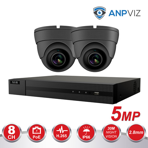 Anpviz (Hikvision Compatible) 5MP 8CH PoE IP Camera System, 8CH 4K Ultra HD PoE NVR, 2 x 5MP H.265 POE Dome Audio IP Camera With Night Vision 98ft, Motion Detection, Weatherproof IP66, Onvif，Gray