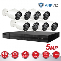 Anpviz (Hikvision Compatible) 5MP 16CH IP PoE Camera System, 16CH 4K Ultra NVR PoE, 8 x 5MP H.265 IP66 Bullet POE IP Camera With 30m Night Vision, Audio, 3.6mm Fixed Lens, Motion Alert, Onvif