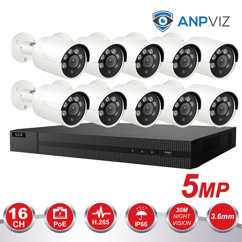 Anpviz (Hikvision Compatible) 5MP 16CH IP PoE Camera System, 16CH 4K Ultra NVR PoE, 10 x 5MP H.265 IP Bullet POE Camera Night Vision 98ft, Audio, 3.6mm Fixed Lens, Motion Alert, Weatherproof IP66 Onvif