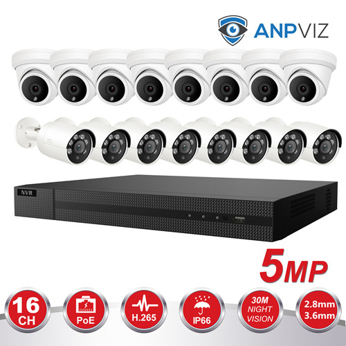 Anpviz (Hikvision Compatible) 5MP 16CH PoE IP Camera System, 16CH 4K Onvif NVR PoE, 8 x 5MP POE IP Bullet Camera With Audio, 3.6mm Fixed Lens, 8 x 5MP Dome IP POE Camera, 2.8 Fixed Lens, Night Vision 98ft, Indoor/Outdoor IP66