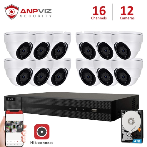 Anpviz (Hikvision Compatible) 5MP 16CH IP PoE Camera System, 16CH 4K PoE NVR Onvif, 12 x 5MP H.265 Weatherproof IP66 IP POE Dome Camera 2.8mm Fixed Lens, Night Vision 98ft, Audio, Motion Alert, White