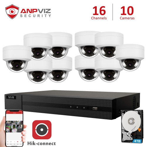 Anpviz (Hikvision Compatible) 5MP 16CH IP PoE Camera System, 16 Channel 4K HD POE NVR, 10 x 5MP 2592x1944P IP66 IP Dome PoE Cameras, Buit in Microphone Audio, Motion Alert, 2.8mm Fixed Lens, White