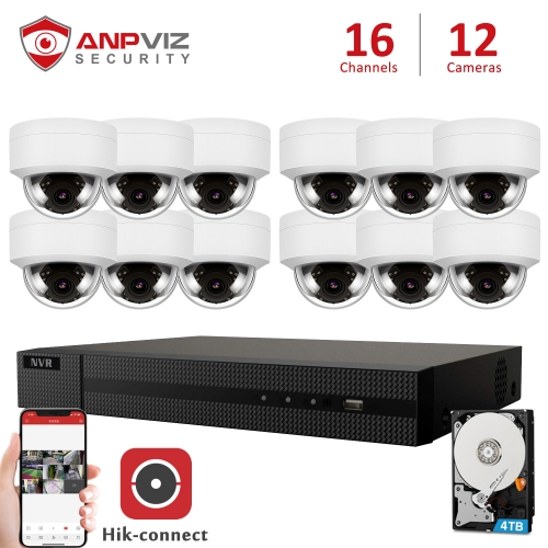 Anpviz (Hikvision Compatible) 5MP 16CH IP PoE Camera System, 16 Channel 4K Onvif NVR, 12 x 5MP Night Vision 98ft IP66 IP Dome PoE Cameras, Audio, 2.8mm Fixed Lens, White