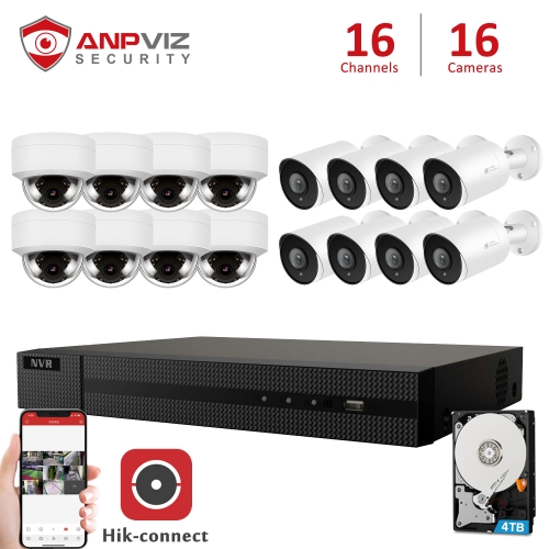 (Hikvision Compatible) Anpviz 5MP 16CH H.265 POE IP Camera System, 16Channel 4K H.265+ Onvif NVR, 8 x 5MP Bullet IP POE Cameras, 8 x 5MP Dome IP POE Cameras, 98ft IR, Audio, 2.8mm Fixed Lens