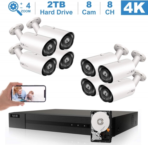 Anpviz 4K HD 8CH POE Security CCTV Home Security System, With 8pcs 8MP 4X Optical Zoom IP POE Camera, IP66 Weatherproof, Built in 2TB HDD For 24/7 Continuous Recording, Motion Detection