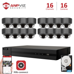 Anpviz (Hikvision Compatible) 5MP 16CH IP PoE Camera System, 16 Channel 4K Onvif NVR, 16 x 5MP Wide Angle 2.8mm Audio IP Dome PoE Cameras, Night Vision 98ft IP66, Gray