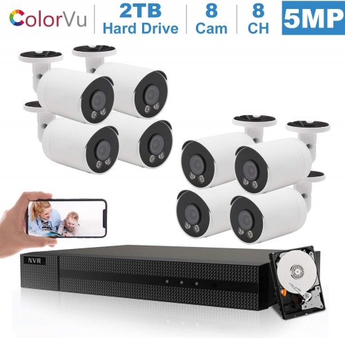 Anpviz 8CH 5MP PoE Home Security Cameras System with 2TB HDD for 24/7 Recording, H.265+ 8MP 8-Channel NVR 8pcs 5MP IP Outdoor Weatherproof Cameras with 20-30M Night Vision, built-in microphone