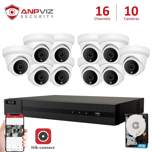 Anpviz (Hikvision Compatible) 5MP 16CH PoE IP Camera System, 16 Channel 4K NVR POE , 10 x 5MP 2.8mm Fixed Lens Dome IP PoE Cameras, Weatherproof IP66, Motion Alert, White