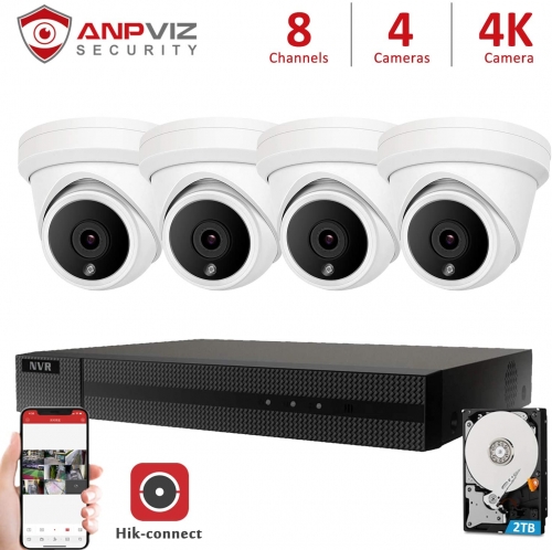 Anpviz 8CH 4K PoE NVR Onvif, 4 x 5MP H.265 POE Dome 2.8mm IP Camera 2TB HDD included iVMS-4200, Weatherproof IP66, Motion Detection, Onvif