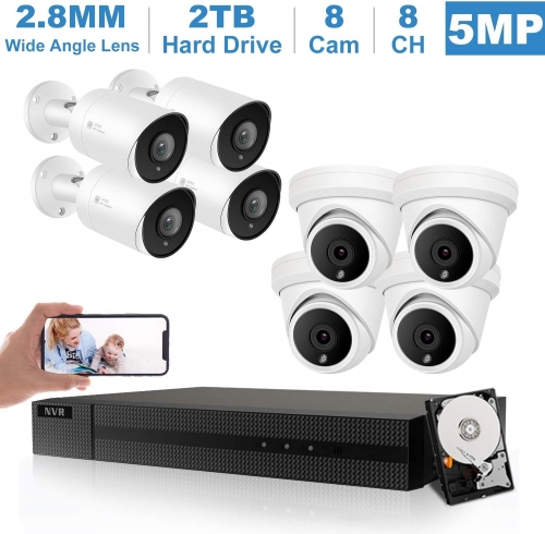 Anpviz 5MP 8CH H.265 POE IP Camera System, 8 Channel 4K NVR 8 Ports POE, 4 x 5MP Bullet IP POE Cameras With Audio, 4 x 5MP Dome IP POE Cameras, Night Vision 98ft, Motion Detection, 2.8mm Fixed Lens, Weatherproof IP66, P2P