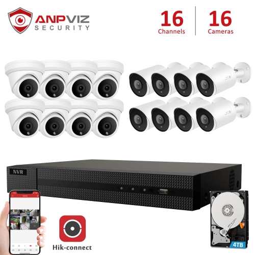 Anpviz 5MP 16CH POE IP Camera System, 8 Channel 4K NVR 16 Ports POE, 8 x 5MP H.265 Bullet IP POE Cameras With Audio,SD Card Slot, 8 x 5MP Dome IP POE Cameras, Night Vision 98ft, Motion Detection, 2.8mm Fixed Lens, Weatherproof IP66