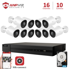 Anpviz (Hikvision Compatible) 5MP 16CH PoE IP Camera System, 8 Channel 4K Onvif NVR, 10 x 5MP 2592x1944P IP PoE Bullet Cameras With Audio SD Card Slot, Night Vison 98ft, Weatherproof IP66