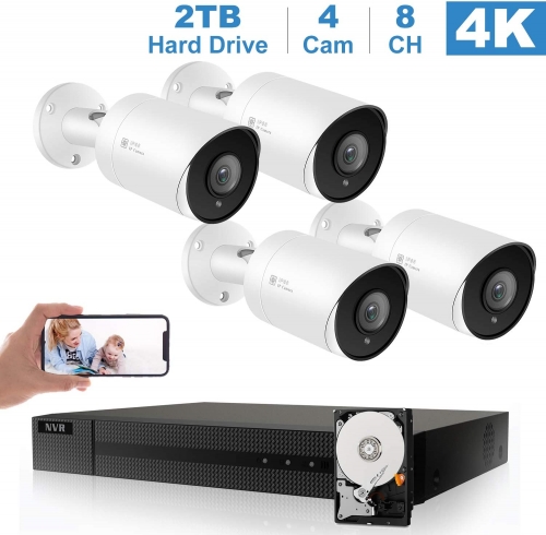 (Hikvision Compatible) 8MP 8CH PoE IP Camera System, 8 Channel 4K Onvif NVR, 4 x 8MP 3840x2160P HD Bullet IP PoE Cameras With 3.6mm Fixed Lens, SD Card Slot , Night Vision 98ft, Motion Detection