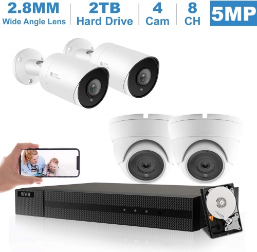Anpviz 4K HD 8CH POE Security CCTV Home Security System, 8MP NVR With 4pcs 5MP IP POE Camera, 2.8mm Wide Angle lens, IP66 Weatherproof, Built in 2TB HDD For 24/7 Continuous Recording