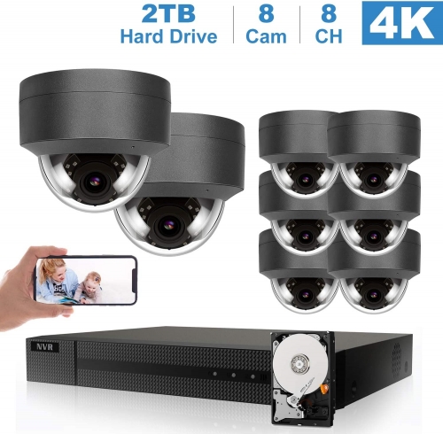 (Hikvision Compatible) Anpviz 5MP 8CH PoE IP Camera System, 8 Channel 4K HD POE NVR, 5MP 2592x1944P Dome IP PoE Cameras, 98ft IR Range, 4X 2.8~12mm motorized lens, IP66, Motion Alert, Gray