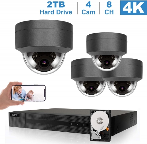 Anpviz (Hikvision Compatible) 8CH 4K CCTV KIT 8-channel 4K PoE NVR Onvif, 5MP H.265 POE Dome IP Security Camera Night Vision 98ft, Motion Alert, Audio, Weatherproof IP66, iVMS-4200, (2TB HDD included)