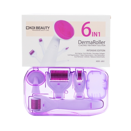Derma roller set 6 in 1 microneedle (1200 / 1.5mm 720 / 1.0mm 300 / 0.5mm 12 needles + silicone brush / 2.5mm) skin care for eyes face body