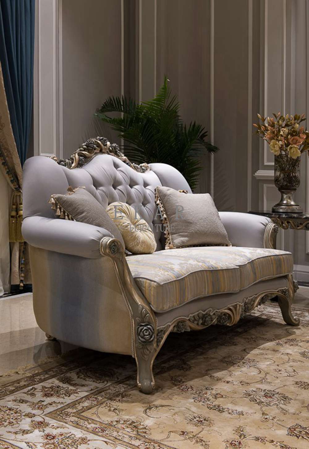 Gray classic carved flower corduroy sofa furniture set - Ekar Furniture