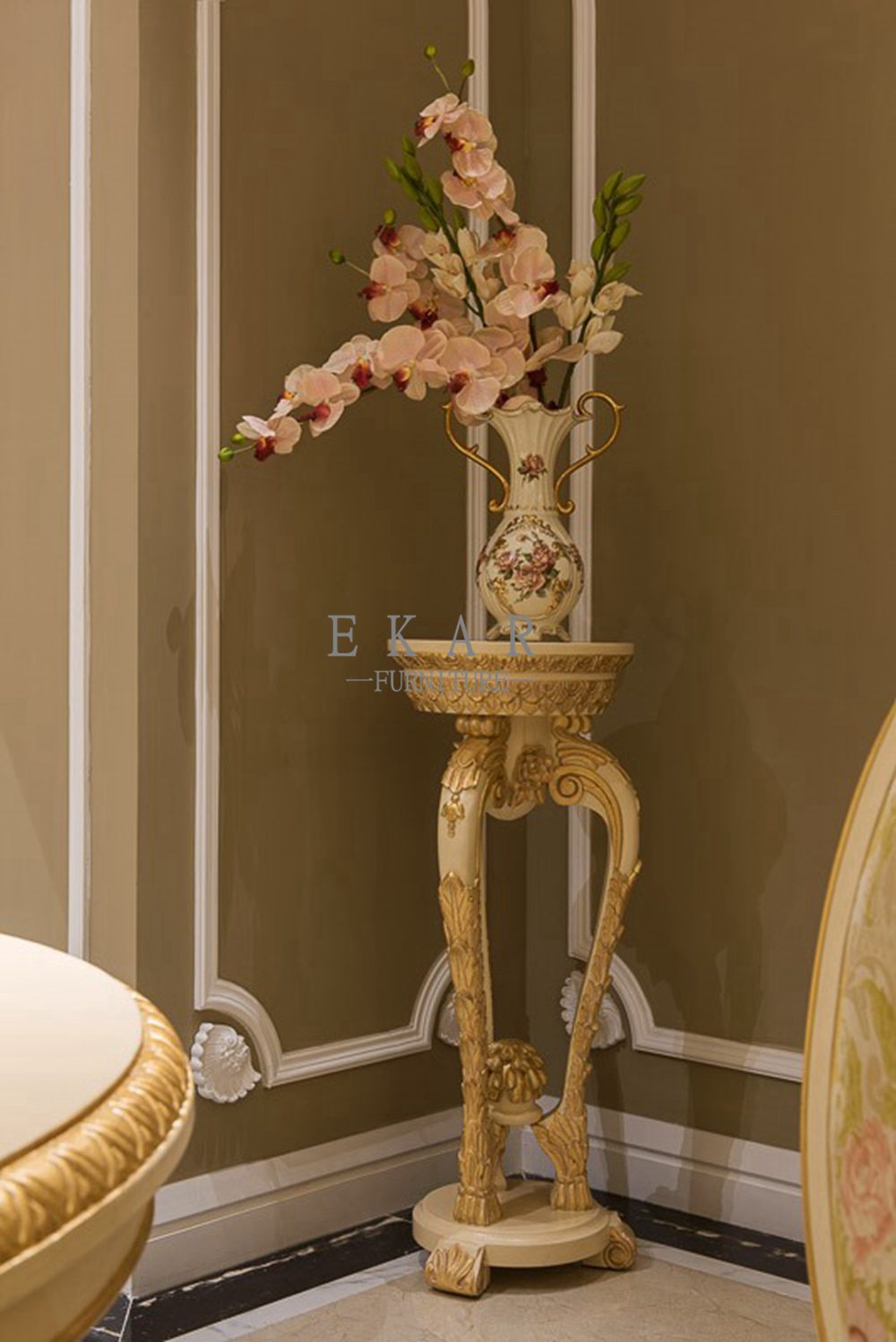 Elegant French Royal Style White and Gold Wooden Flower Stand