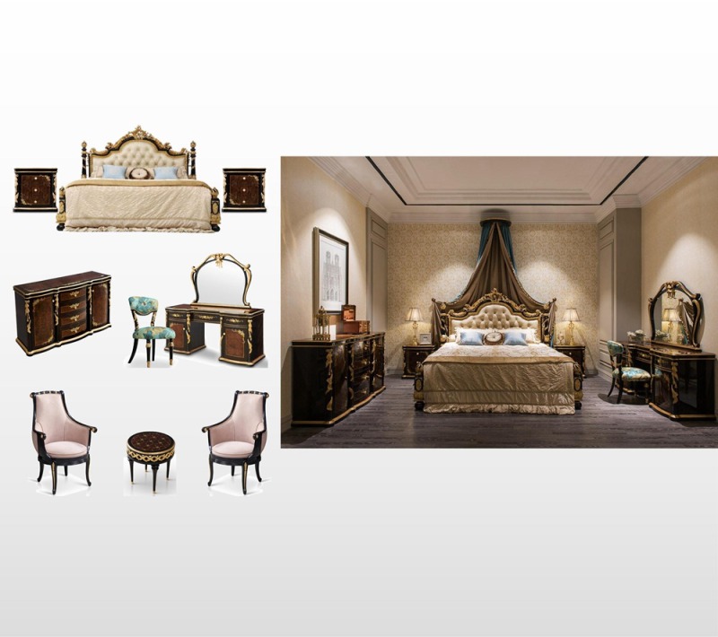 Luxury Royal Gold Foil Carved Bedroom Furniture Set