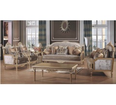Antique Gray Velvet Fabric With Wood Carving Living Room Sofa Set