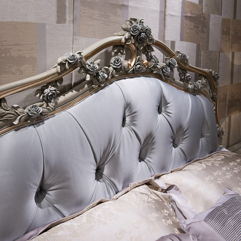 Grey Upholstered Headboard King Frame Handcarved Bed