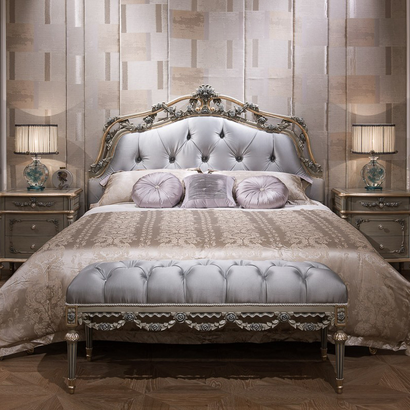 Grey Upholstered Headboard King Frame Handcarved Bed