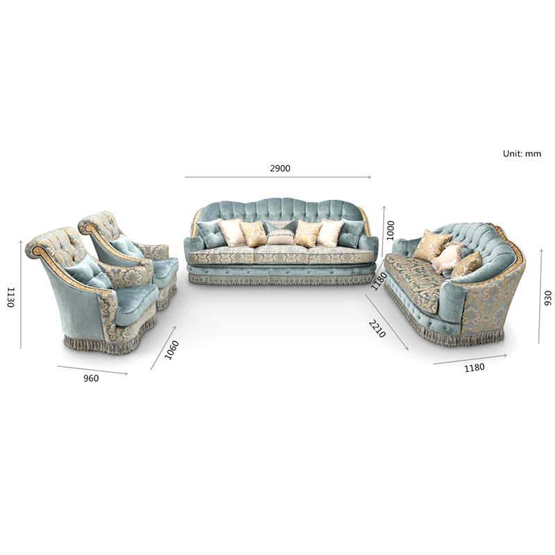 Luxury Carving European Style Living Room Furniture Blue Fabric Couch