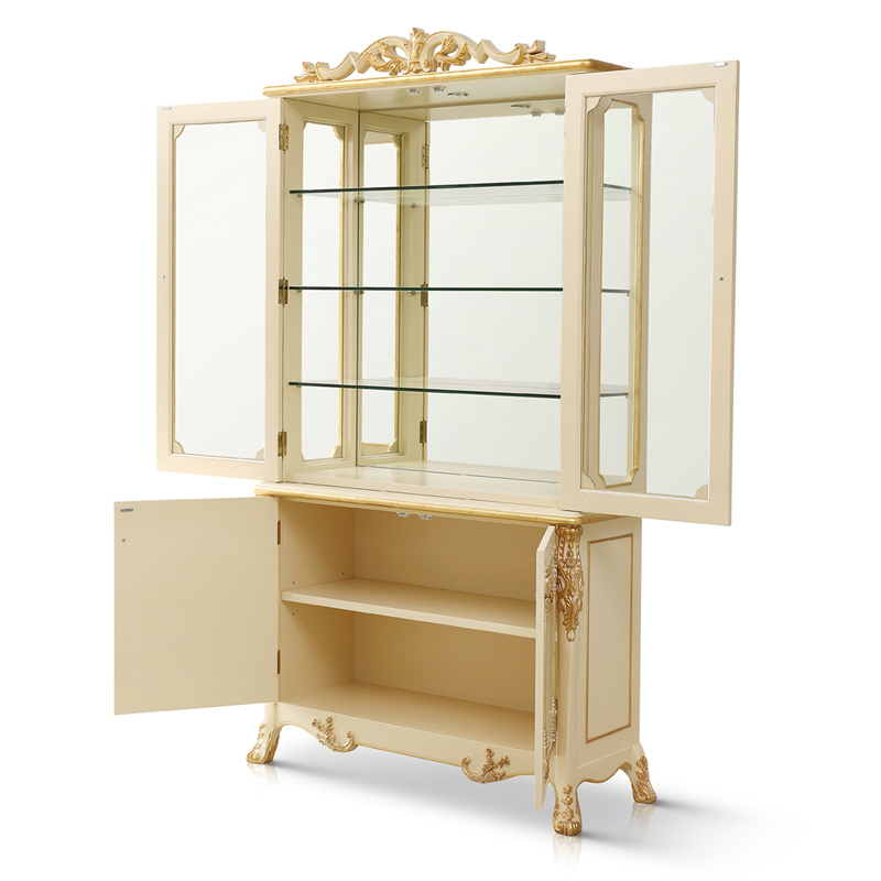 The Latest Luxury Style White and Golden Glass Cabinets with Carved Flowers