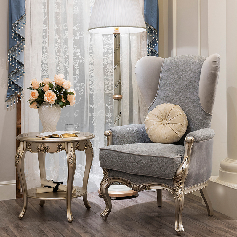 French Style Flash Star Grey Small End Table with Hand-carved Flowers