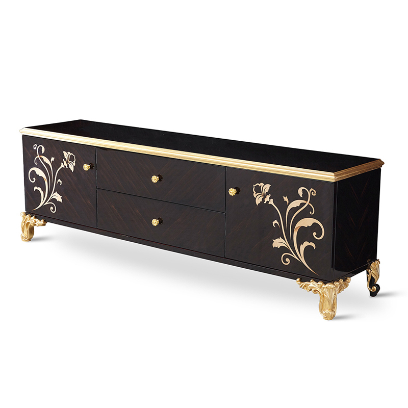 French Luxury Style Long Wooden Black and Gold Floor Cabinet with Flower Pattern