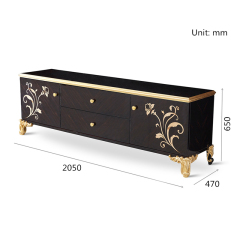 French Luxury Style Long Wooden Black and Gold Floor Cabinet with Flower Pattern