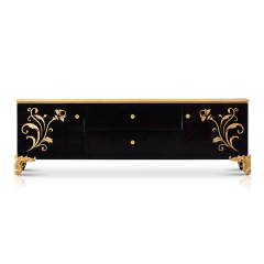 French Luxury Style Long Wooden Black and Gold Floor Cabinet with Flower Pattern