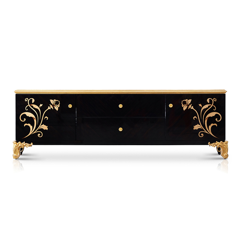 French Luxury Style Long Wooden Black and Gold Floor Cabinet with Flower Pattern