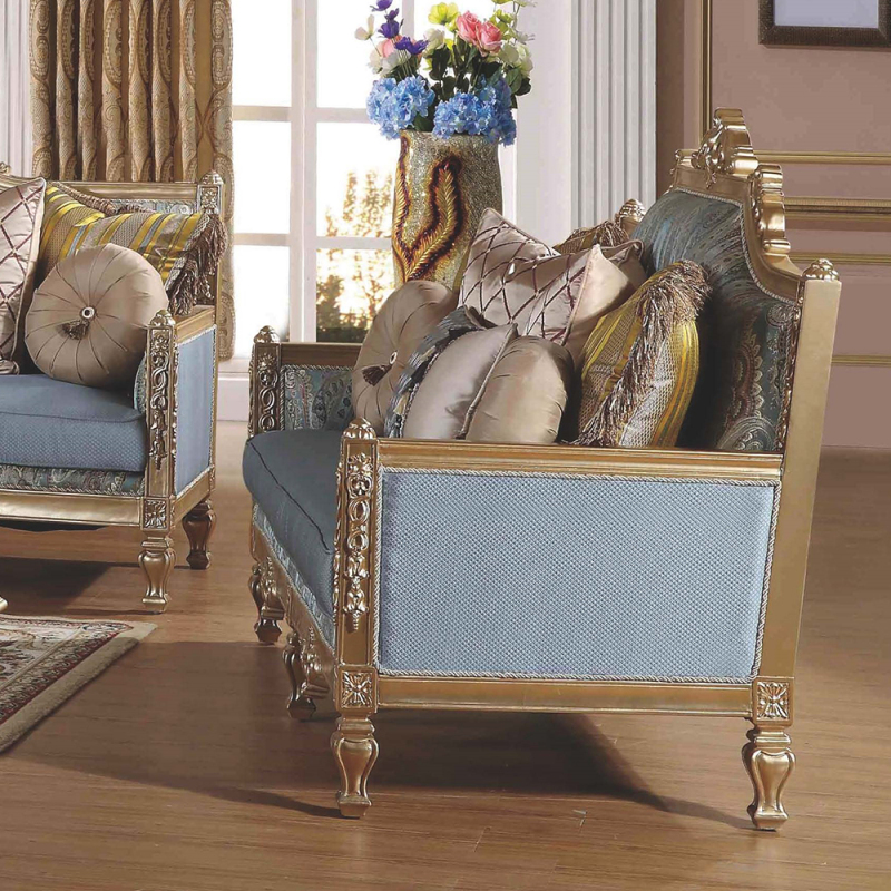 Executive Classic Luxury Carved Wooden Seat Antique Cushion Pale Blue Sofa Set