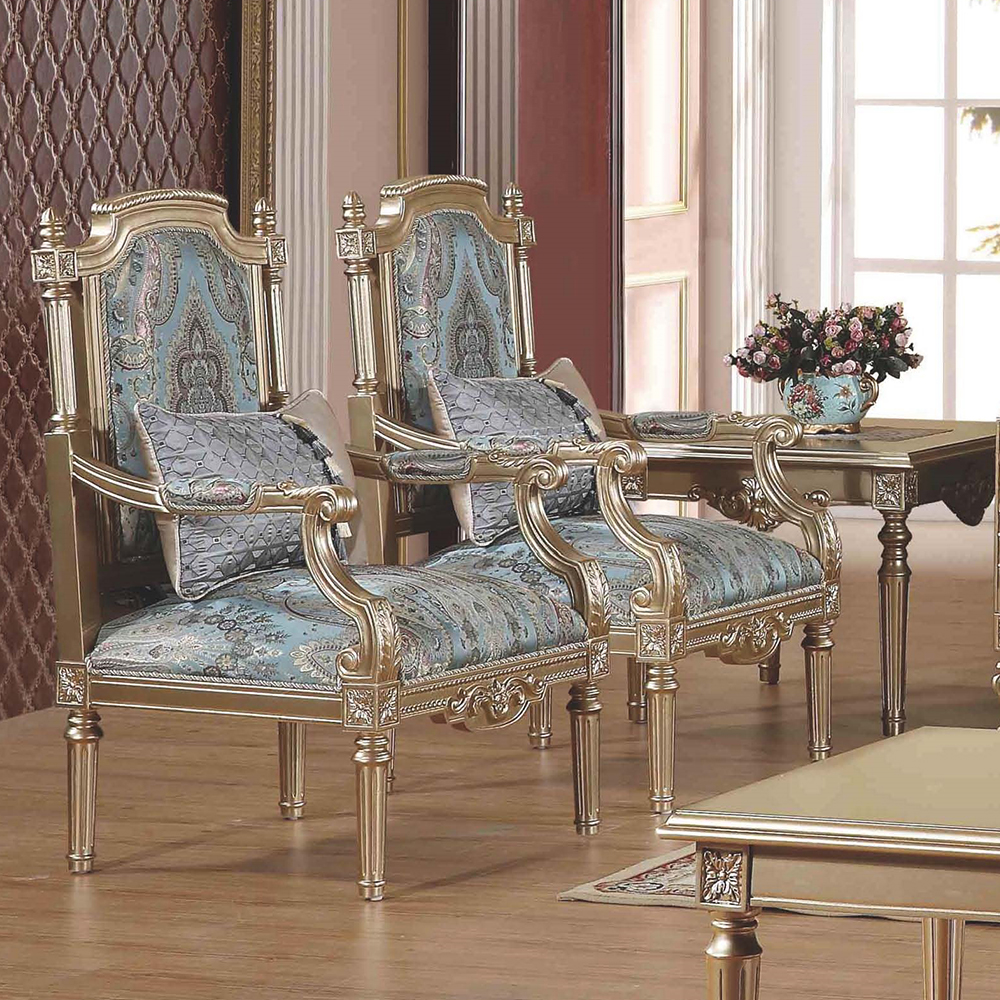 Executive Classic Luxury Carved Wooden Seat Antique Cushion Pale Blue Sofa Set