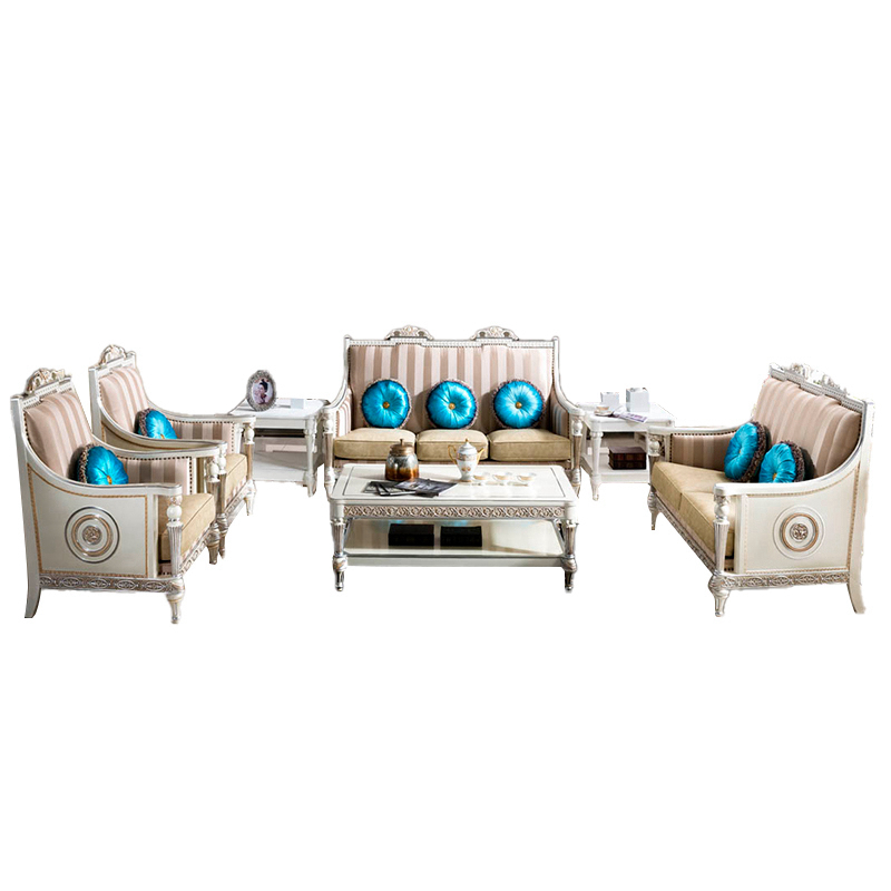 White And Bule Upholstery Fabric Living Room Furniture Wooden Sofa Set