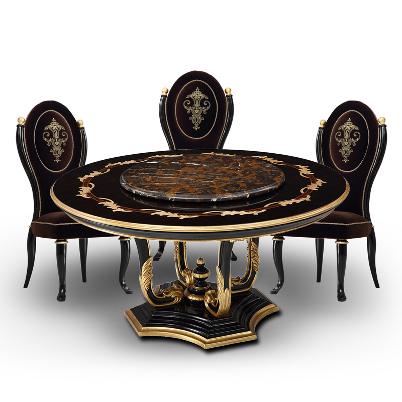 Classic Round BlackSolid Wood Quality Dining Table with Marble Lazy Susan
