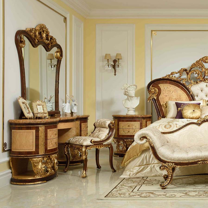 Luxury European Style Villa Bedroom Furniture Set Bed Nightstand Dressing Table