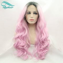 Bythairshop Ombre Pink Wig With Dark Roots Synthetic Lace