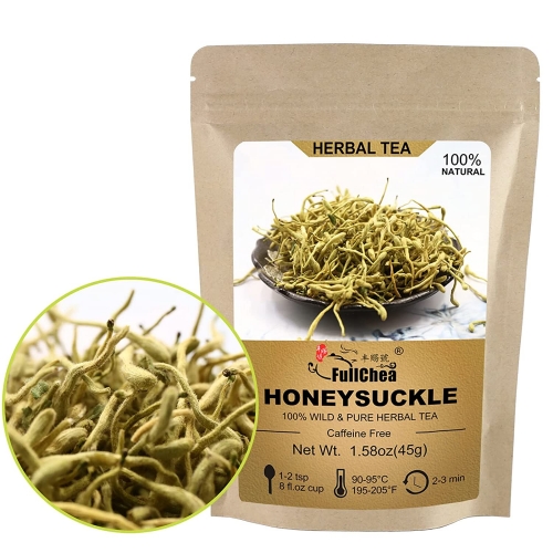 FullChea - 100% Pure Natural Dried Honeysuckle - Jin Yin Hua Honeysuckle Tea - Premium Lonicera Japonica Flower Tea - Detox & Wellness Support - 45g