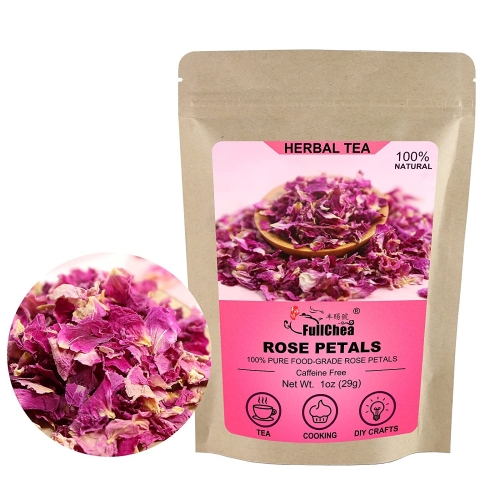 FullChea - Dried Rose Petals - 1oz/29g - Edible Flowers Real Rose Petals - Non-GMO - Caffeine-free - Use in Tea, Baking