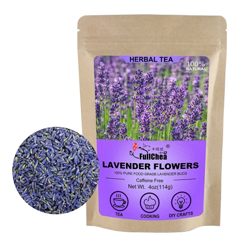 FullChea - Natural Dried Lavender Flowers - 4oz/114g - Premium Food Grade Lavender Buds - Non-GMO - Caffeine-free - Perfect for Tea, Lemonade, Baking